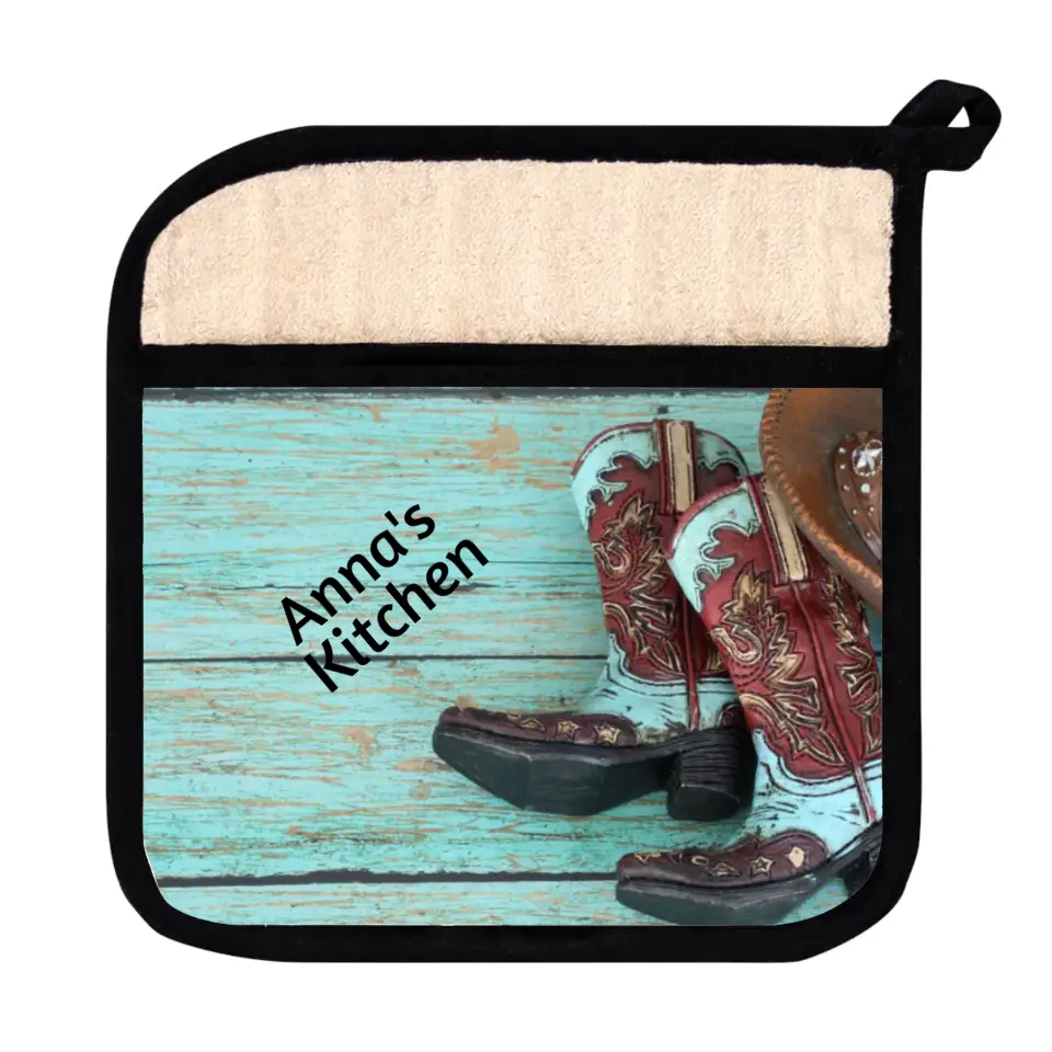 π€ Personalized Teal Cowboy Boots & Hat Pot Holder: Western Flair for Your Kitchen! π