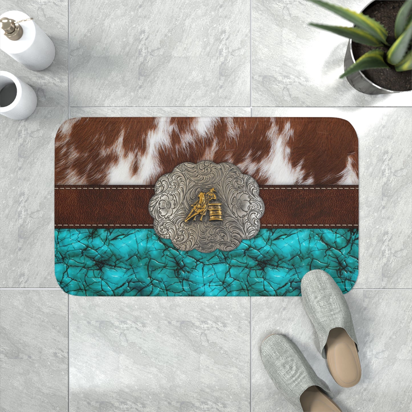 Memory Foam Bath Mat- Cowprint Belt Buckle