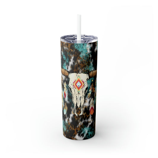 Skinny Tumbler with Straw, 20oz- Steer Skull