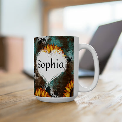 Personalized Ceramic Mug 15oz- Barrel Racer on Sunflowers