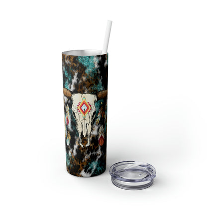 Skinny Tumbler with Straw, 20oz- Steer Skull