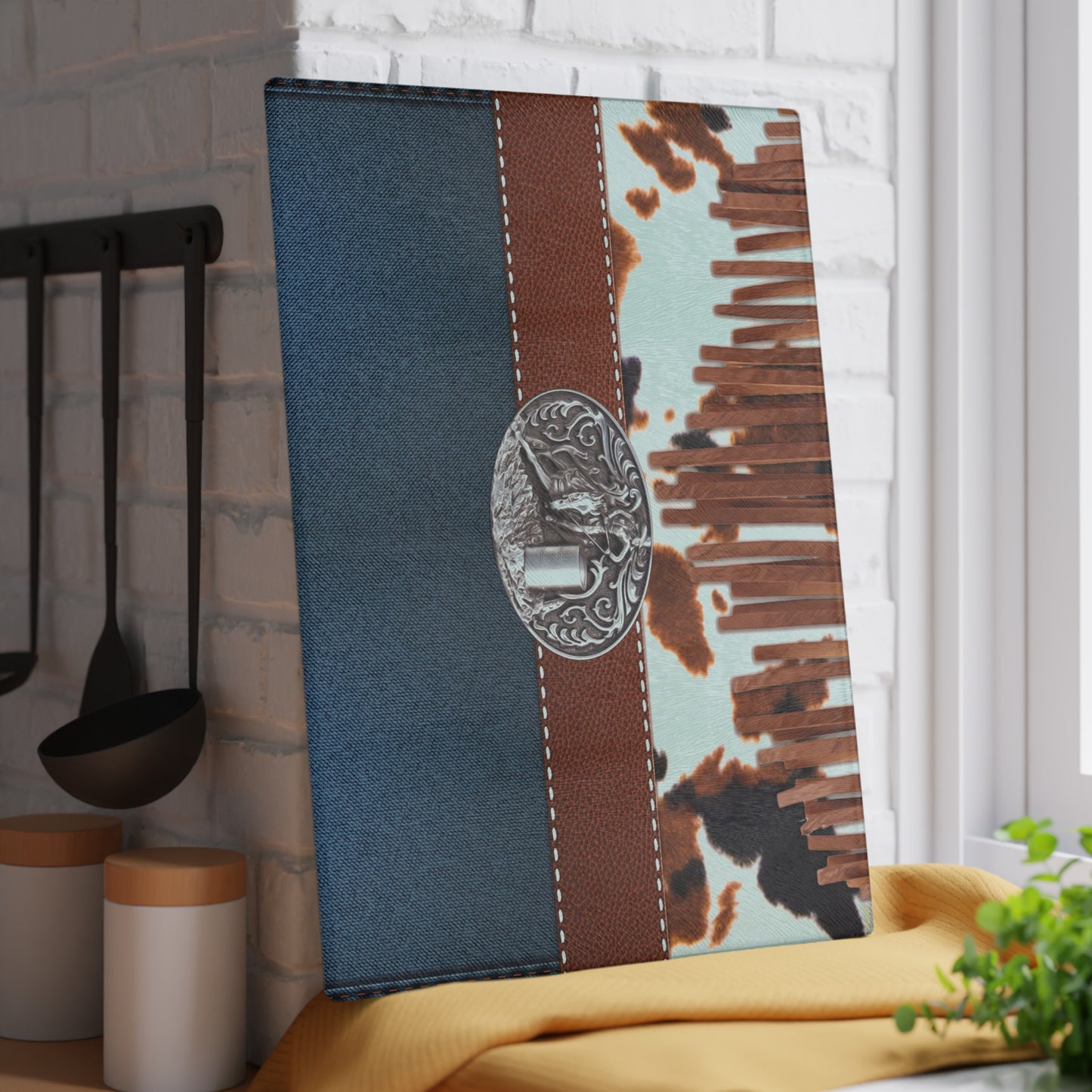 Glass Cutting Board- Barrel Racer Denim