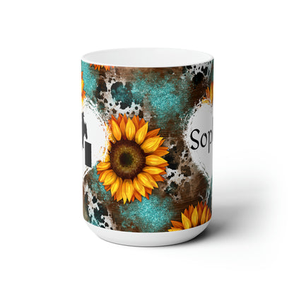 Personalized Ceramic Mug 15oz- Barrel Racer on Sunflowers