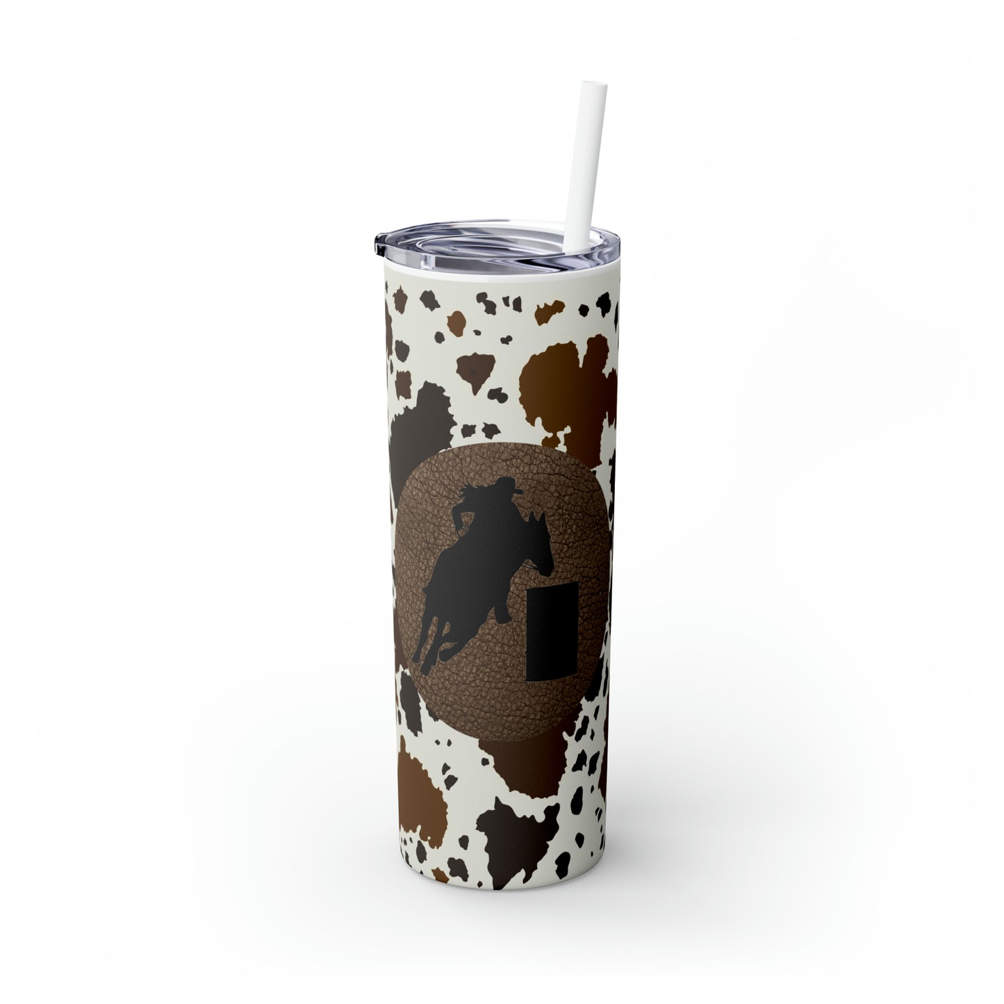 Skinny Tumbler with Straw, 20oz- Barrel Racer on Cowprint