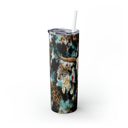 Skinny Tumbler with Straw, 20oz- Steer Skull