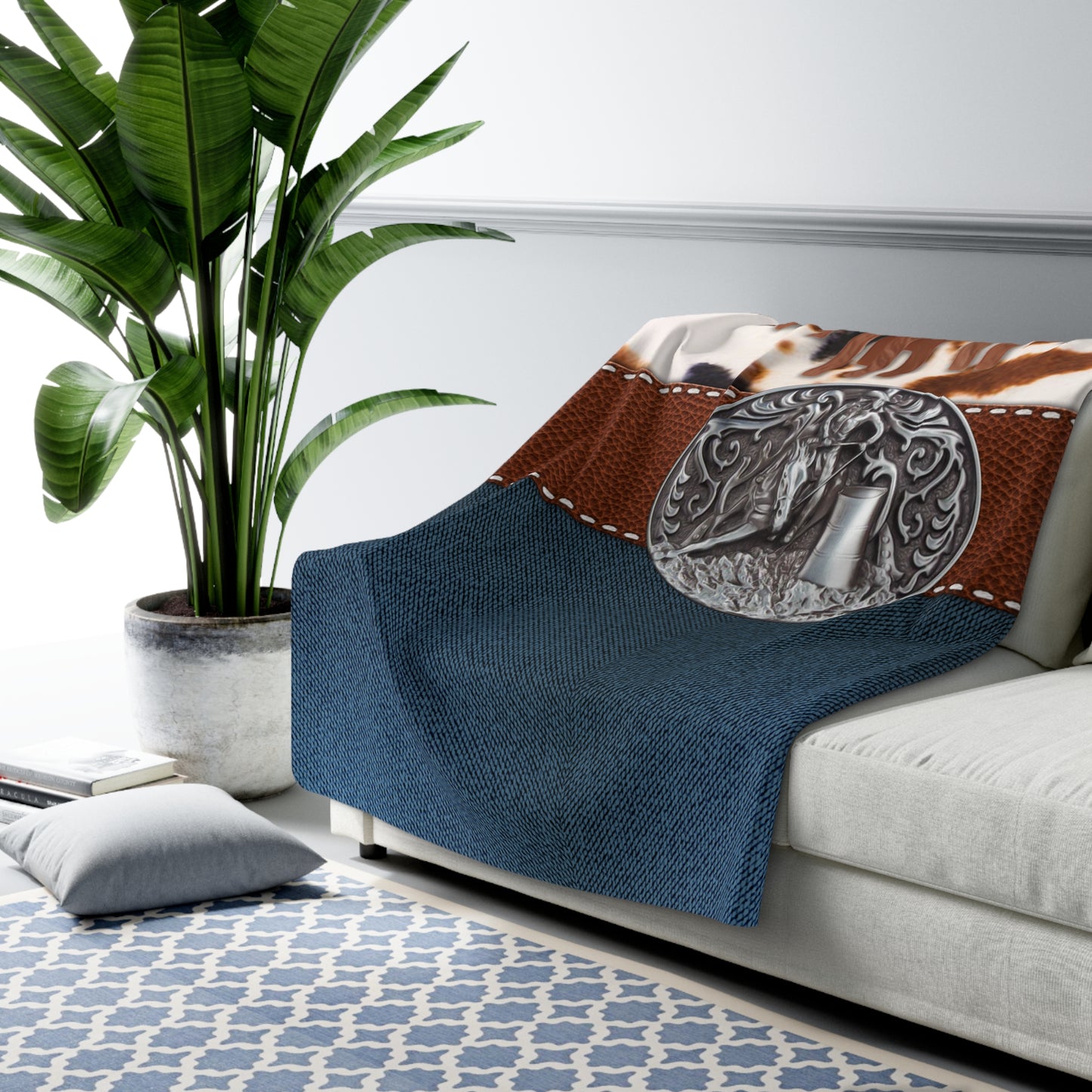 Sherpa Fleece Blanket- Cowprint Denim