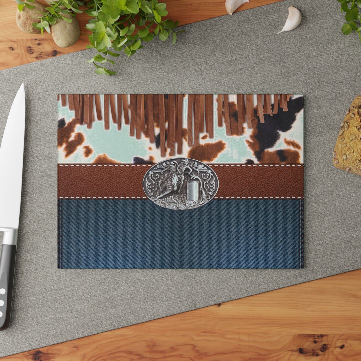 Glass Cutting Board- Barrel Racer Denim