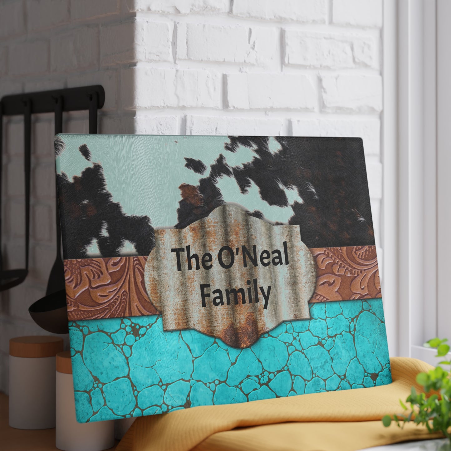 Personalized Glass Cutting Board- Metal Buckle and Cowprint