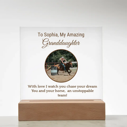 📸 Custom Barrel Racing Girl Acrylic Square Plaque: Cherish Moments with [Granddaughter's Name] and [Horse's Name] 🐎