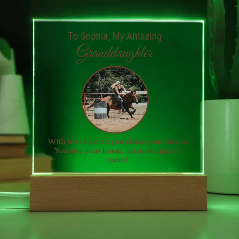 📸 Custom Barrel Racing Girl Acrylic Square Plaque: Cherish Moments with [Granddaughter's Name] and [Horse's Name] 🐎