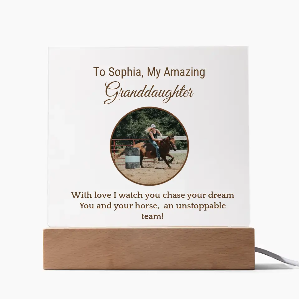 📸 Custom Barrel Racing Girl Acrylic Square Plaque: Cherish Moments with [Granddaughter's Name] and [Horse's Name] 🐎