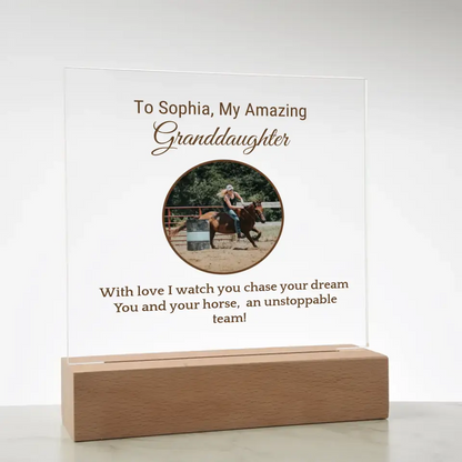 📸 Custom Barrel Racing Girl Acrylic Square Plaque: Cherish Moments with [Granddaughter's Name] and [Horse's Name] 🐎