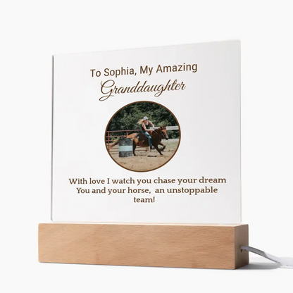 📸 Custom Barrel Racing Girl Acrylic Square Plaque: Cherish Moments with [Granddaughter's Name] and [Horse's Name] 🐎