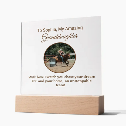 📸 Custom Barrel Racing Girl Acrylic Square Plaque: Cherish Moments with [Granddaughter's Name] and [Horse's Name] 🐎