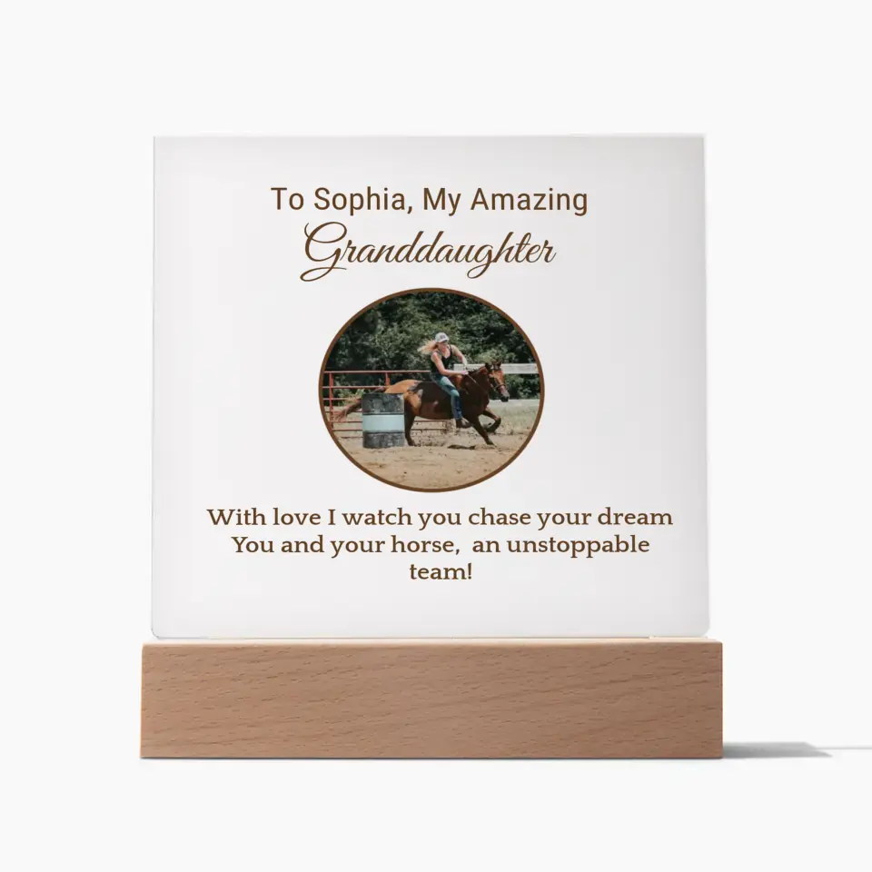 📸 Custom Barrel Racing Girl Acrylic Square Plaque: Cherish Moments with [Granddaughter's Name] and [Horse's Name] 🐎