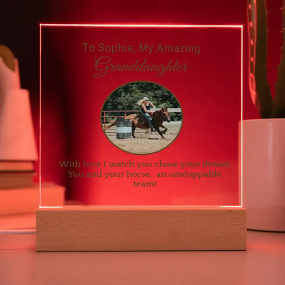 📸 Custom Barrel Racing Girl Acrylic Square Plaque: Cherish Moments with [Granddaughter's Name] and [Horse's Name] 🐎