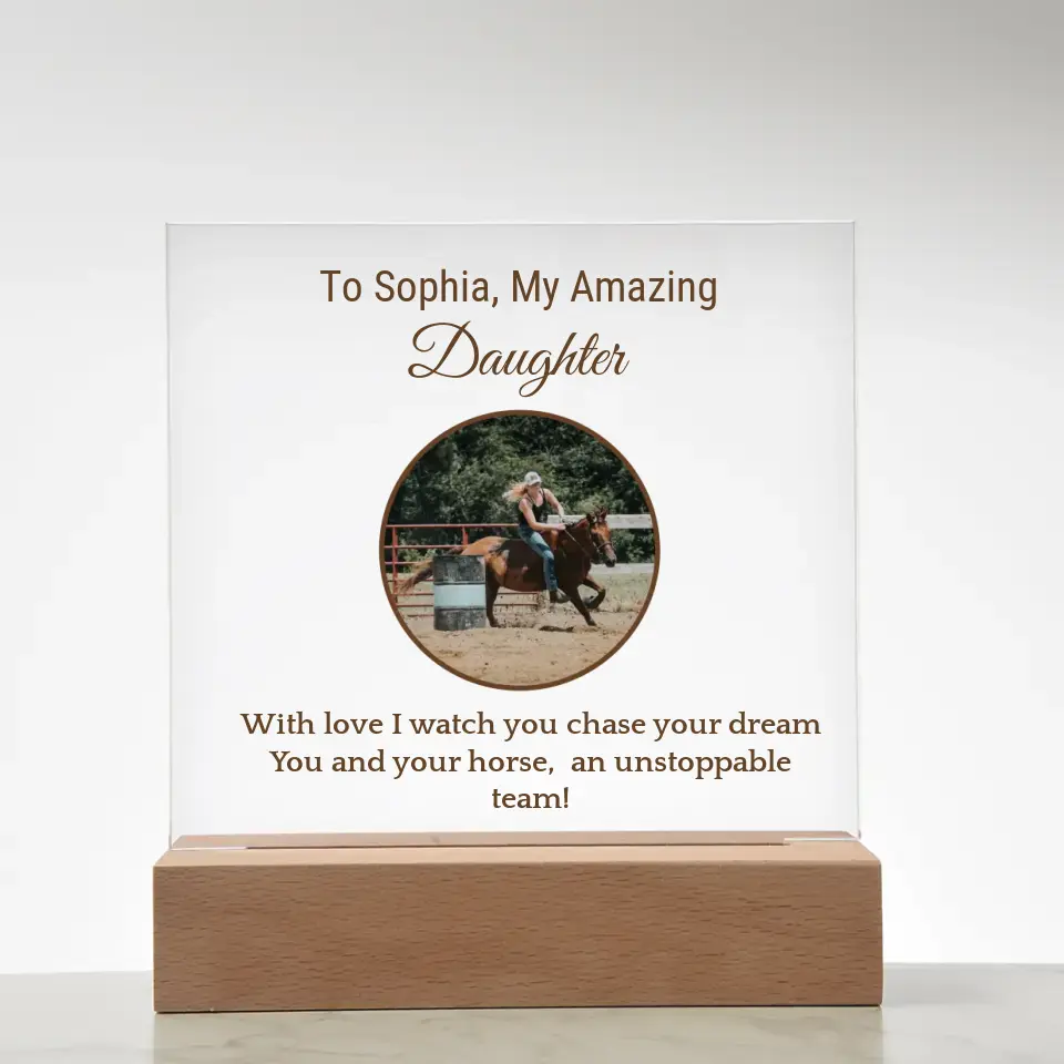 🌟 Personalized Barrel Racer Daughter's Acrylic Square Plaque: Celebrate Her Journey 🌟