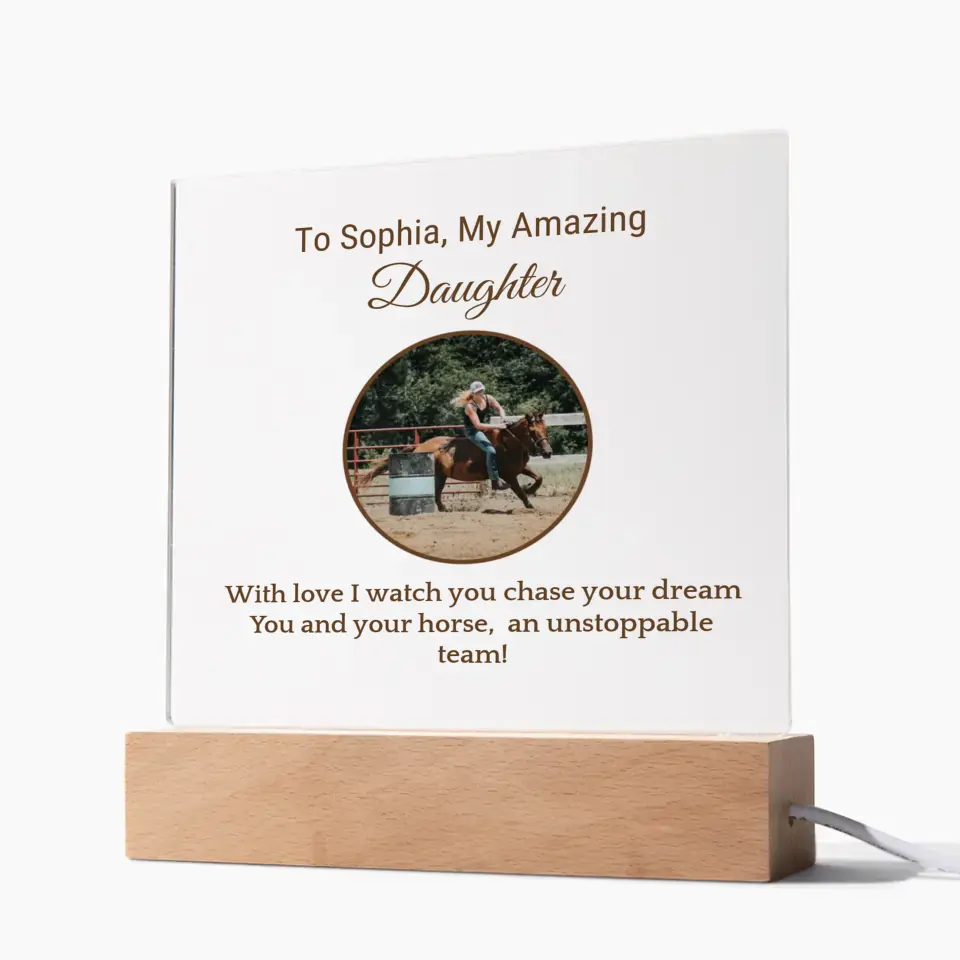 🌟 Personalized Barrel Racer Daughter's Acrylic Square Plaque: Celebrate Her Journey 🌟