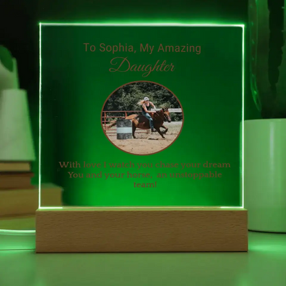 🌟 Personalized Barrel Racer Daughter's Acrylic Square Plaque: Celebrate Her Journey 🌟