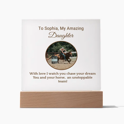 🌟 Personalized Barrel Racer Daughter's Acrylic Square Plaque: Celebrate Her Journey 🌟