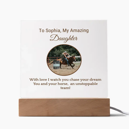 🌟 Personalized Barrel Racer Daughter's Acrylic Square Plaque: Celebrate Her Journey 🌟