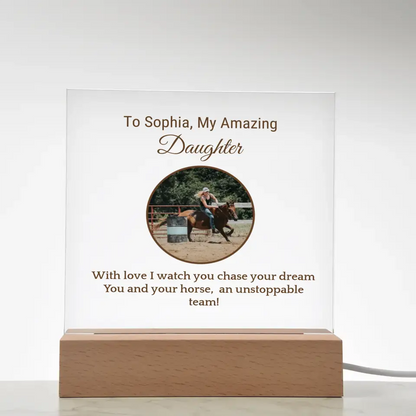 🌟 Personalized Barrel Racer Daughter's Acrylic Square Plaque: Celebrate Her Journey 🌟