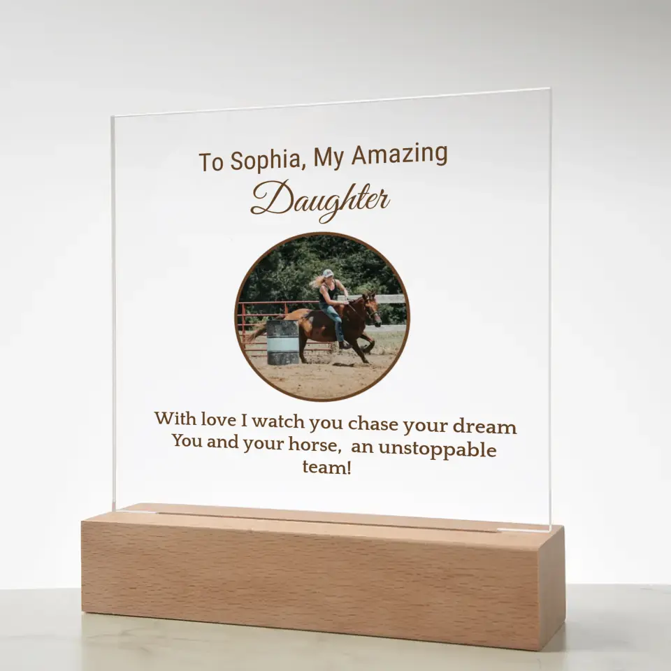 🌟 Personalized Barrel Racer Daughter's Acrylic Square Plaque: Celebrate Her Journey 🌟