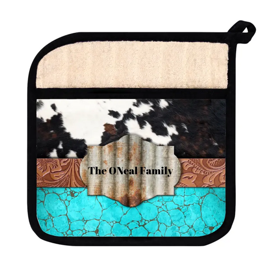 🌵 Personalized Turquoise Western Print Pot Holder: Rustic Elegance for Your Kitchen! 🐮