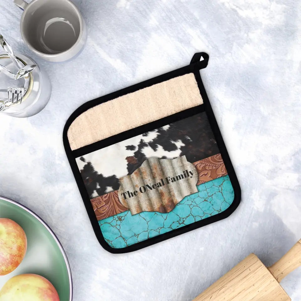 🌵 Personalized Turquoise Western Print Pot Holder: Rustic Elegance for Your Kitchen! 🐮