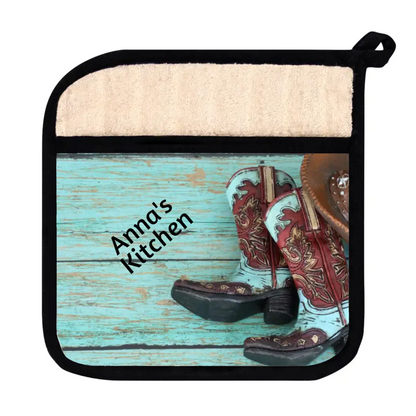 🤠 Personalized Teal Cowboy Boots & Hat Pot Holder: Western Flair for Your Kitchen! 🐎