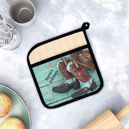 🤠 Personalized Teal Cowboy Boots & Hat Pot Holder: Western Flair for Your Kitchen! 🐎