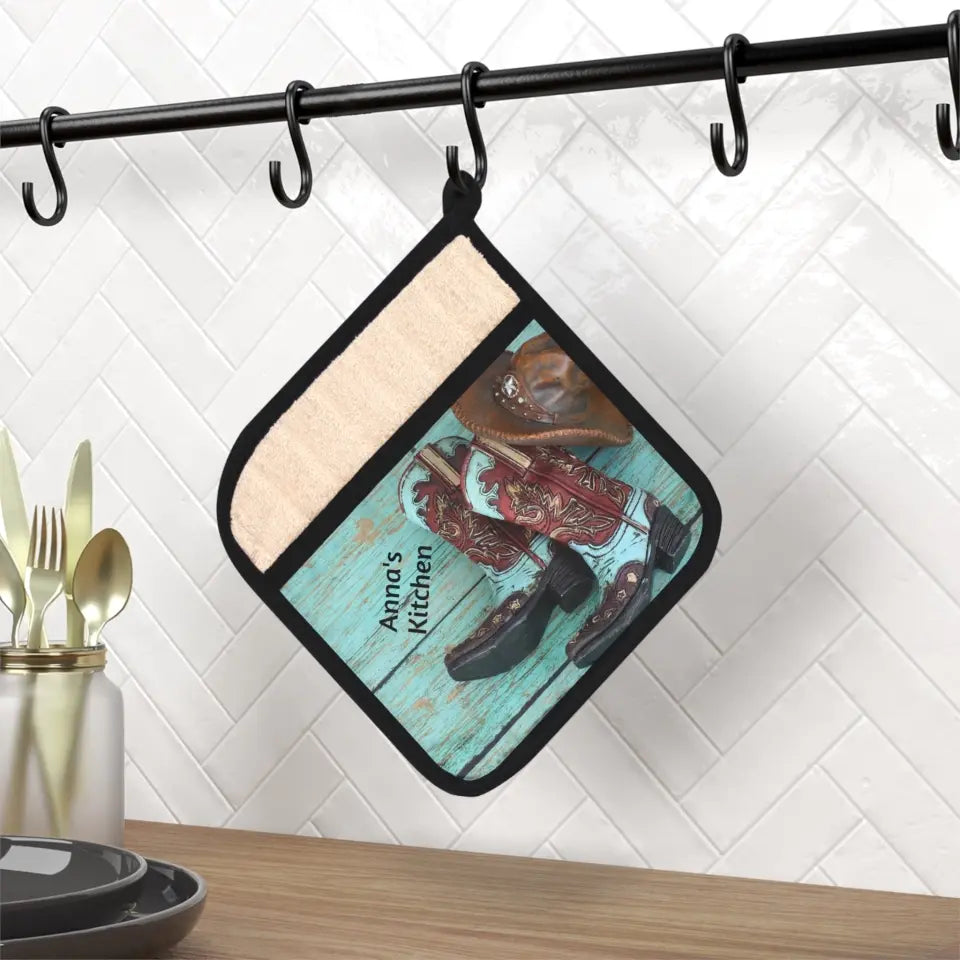 🤠 Personalized Teal Cowboy Boots & Hat Pot Holder: Western Flair for Your Kitchen! 🐎