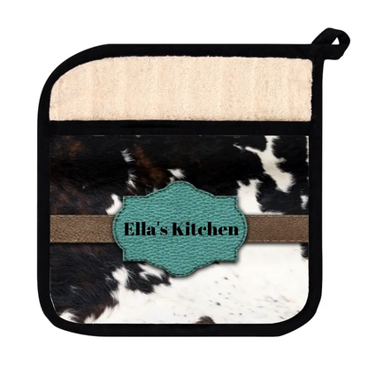 🐄 Personalized Cow Print Pot Holder: Rustic Elegance for Your Culinary Space! 🐮