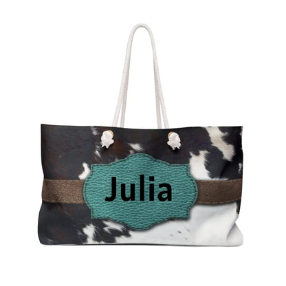 🐄 Cow Print Weekender Tote: Personalize Your Travels in Style! 🧳