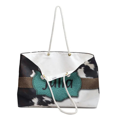 🐄 Cow Print Weekender Tote: Personalize Your Travels in Style! 🧳