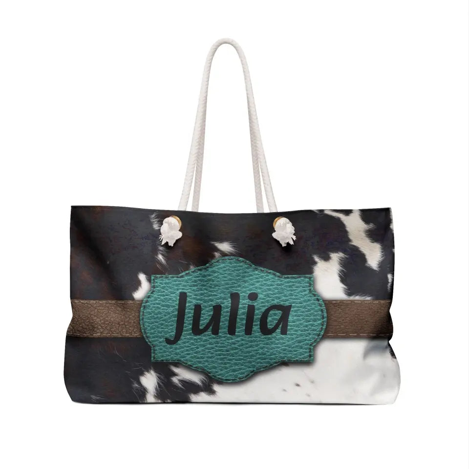 🐄 Cow Print Weekender Tote: Personalize Your Travels in Style! 🧳