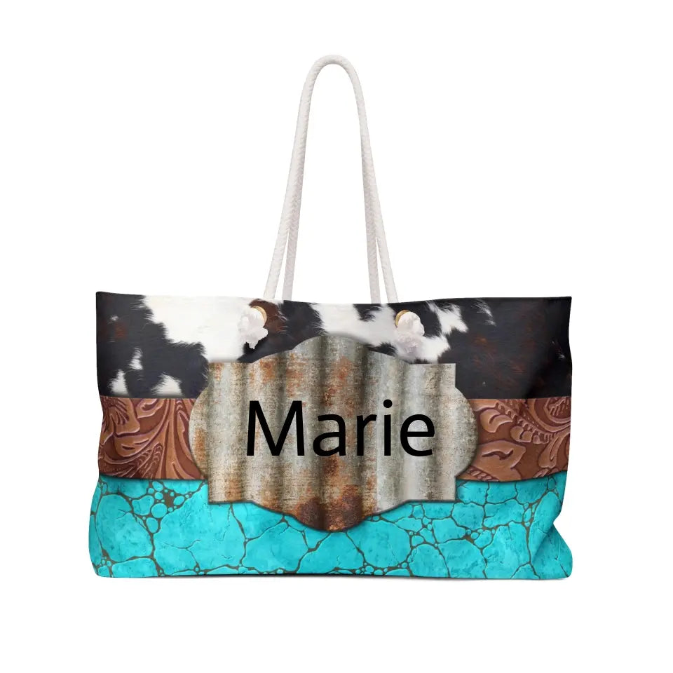 🐎 Rustic Elegance: Personalized Turquoise Leather Print Weekender Tote 🌆