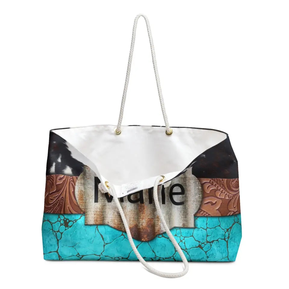 🐎 Rustic Elegance: Personalized Turquoise Leather Print Weekender Tote 🌆