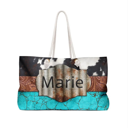 🐎 Rustic Elegance: Personalized Turquoise Leather Print Weekender Tote 🌆