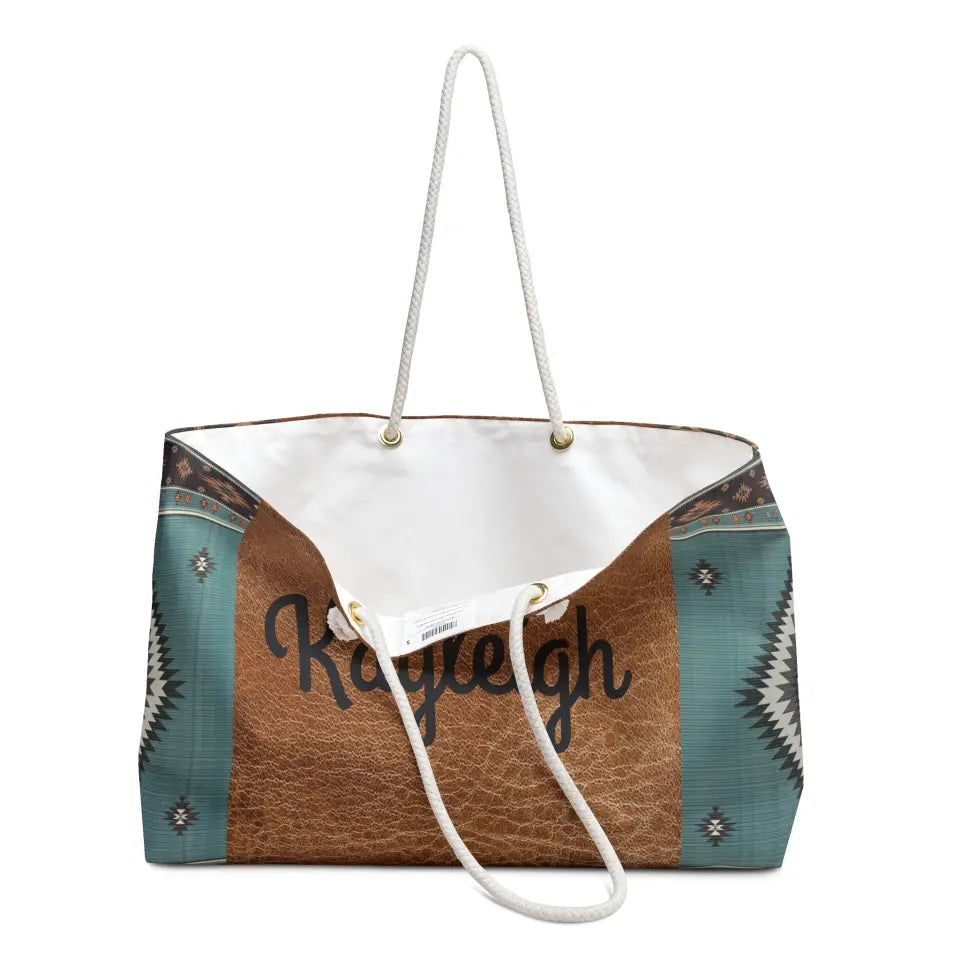 👜 Rustic Charm: Personalized Navajo Leather Print Weekender Tote 🌵