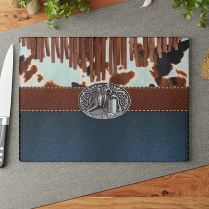 Glass Cutting Board- Barrel Racer Denim