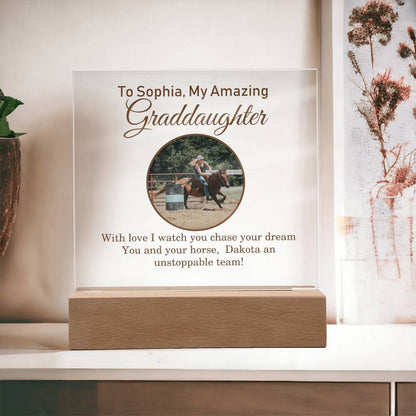 🐎 "Custom Barrel Racing Girl Acrylic Square Plaque: Cherish Moments with [Granddaughter's Name] and [Horse's Name] 📸"