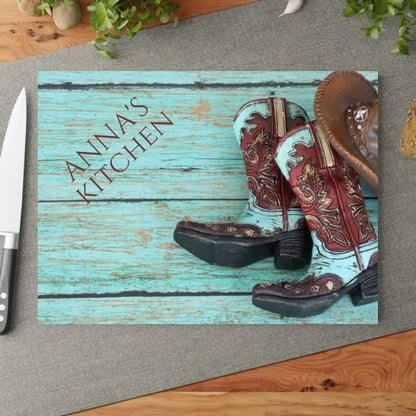 🤠 Personalized Cowboy Boots & Hat Glass Cutting Board: Western Flavor on Teal Wood 🤠