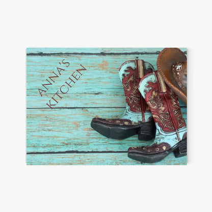 🤠 Personalized Cowboy Boots & Hat Glass Cutting Board: Western Flavor on Teal Wood 🤠