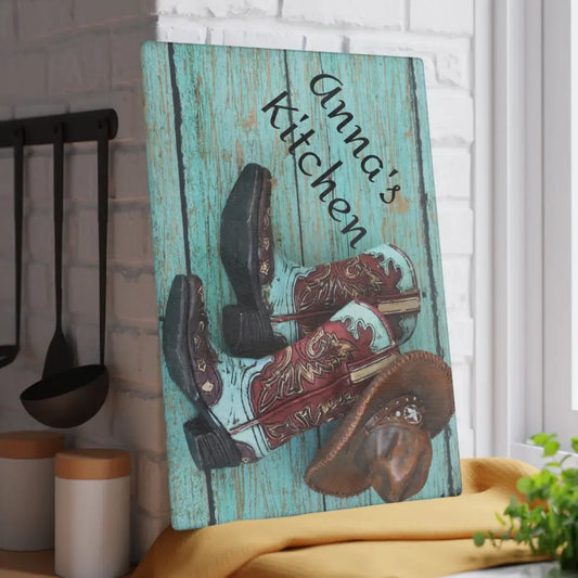 🤠 Personalized Cowboy Boots & Hat Glass Cutting Board: Western Flavor on Teal Wood 🤠