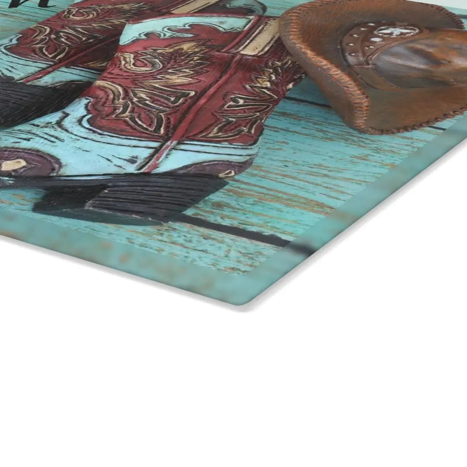 🤠 Personalized Cowboy Boots & Hat Glass Cutting Board: Western Flavor on Teal Wood 🤠