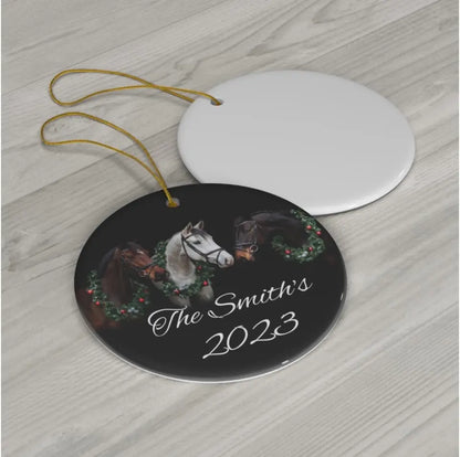 🎄🐎🎅 Personalized Three Horses Christmas Ceramic Ornament: Equestrian Holiday Magic! 🎅🐎🎄