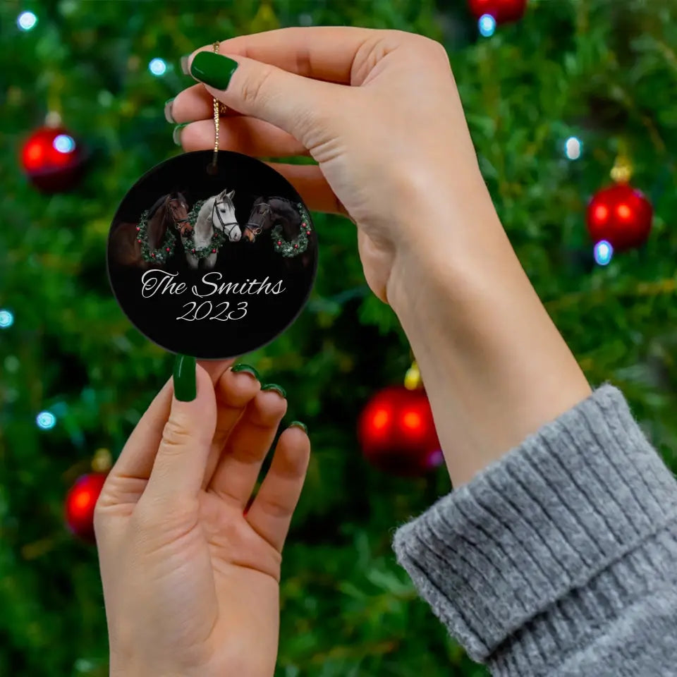 🎄🐎🎅 Personalized Three Horses Christmas Ceramic Ornament: Equestrian Holiday Magic! 🎅🐎🎄