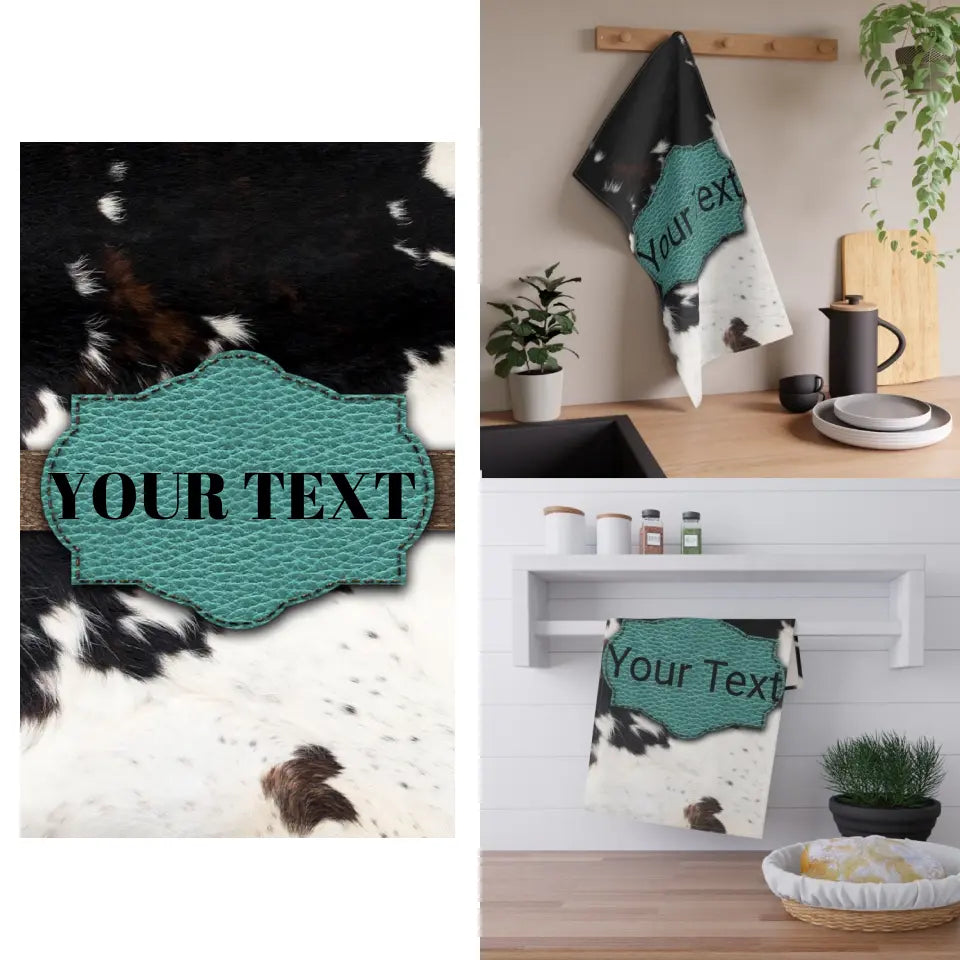 🐮 Personalized Turquoise Cow Print Kitchen Towel: Rustic Elegance for Your Culinary Space! 🐮