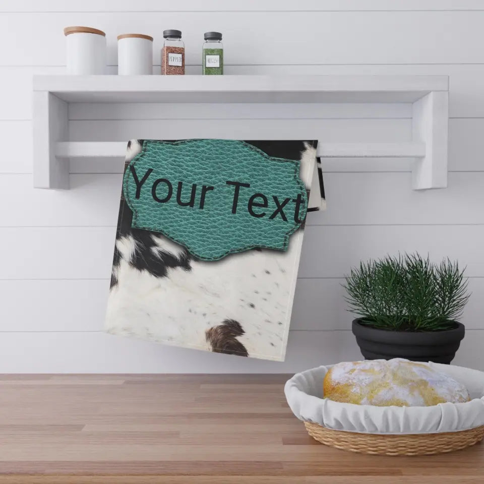 🐮 Personalized Turquoise Cow Print Kitchen Towel: Rustic Elegance for Your Culinary Space! 🐮